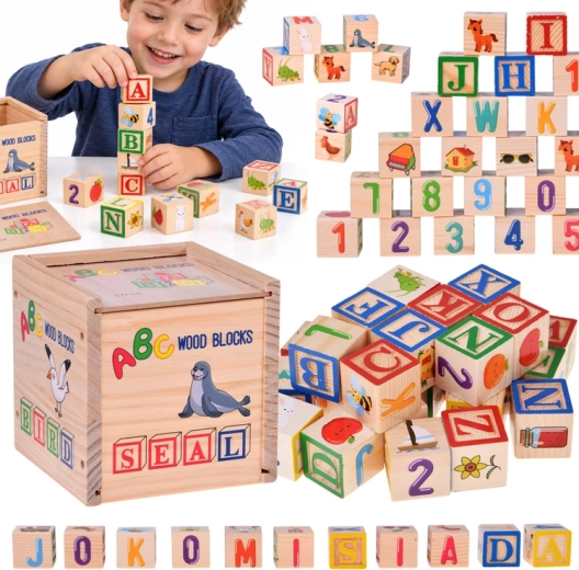 Cuburi educative din lemn cu litere englezești, cifre și imagini