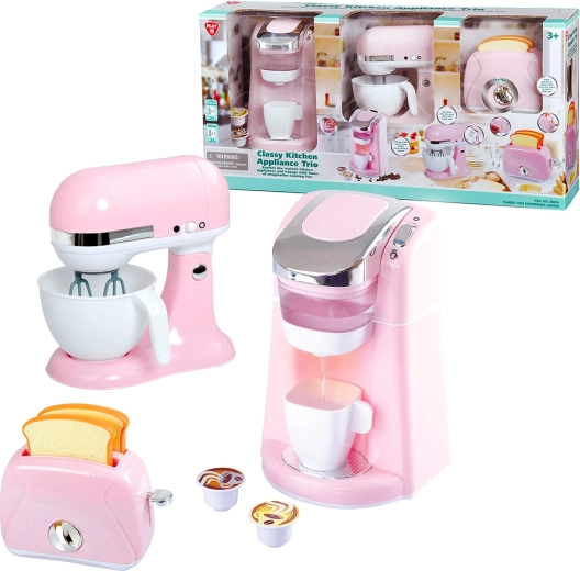 Playgo trei aparate de bucătărie stilate în roz (cafetiere, mixer, prăjitor de pâine)