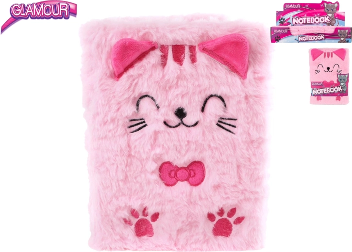 Caiet Glamour cu motiv de pisică din pluș, 80 de pagini
