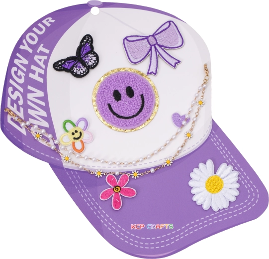 Accesorii decorative pentru șapcă cu cozoroc – smiley mov și flori cu lănțișor decorativ cu perle