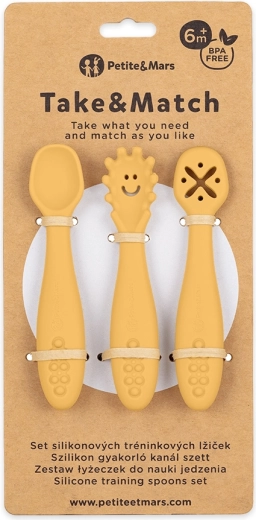 Petite&Mars lingurițe de antrenament din silicon Take&Match intense ochre 6m+ (3 buc)