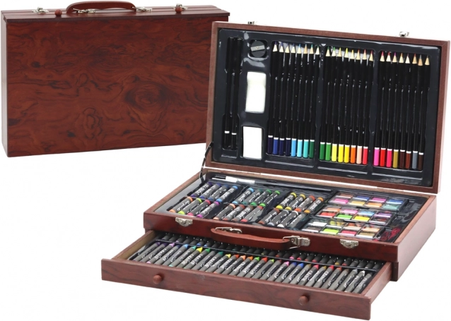 Set artistic într-o cutie de lemn creioane colorate, creioane pastel, culori