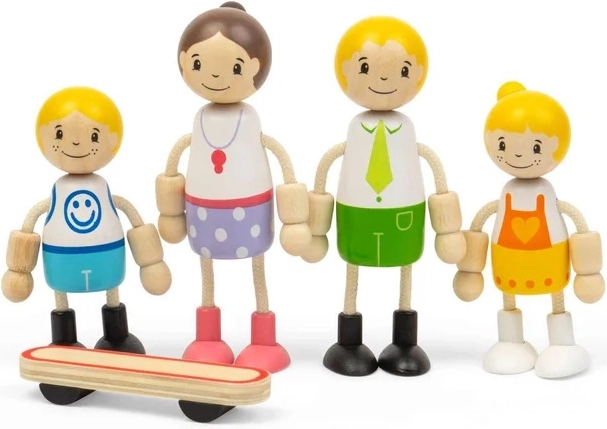 Tidlo păpuși din lemn pentru căsuța de păpuși – familie europeană cu skateboard