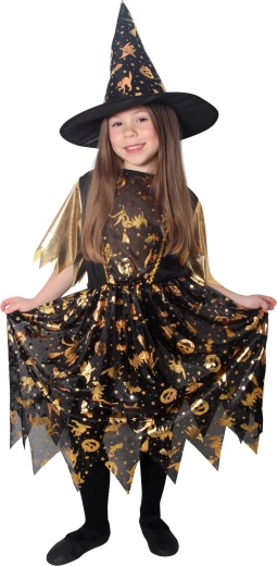 Costum pentru copii de vrăjitoare negru-auriu cu pălărie (măr. S)