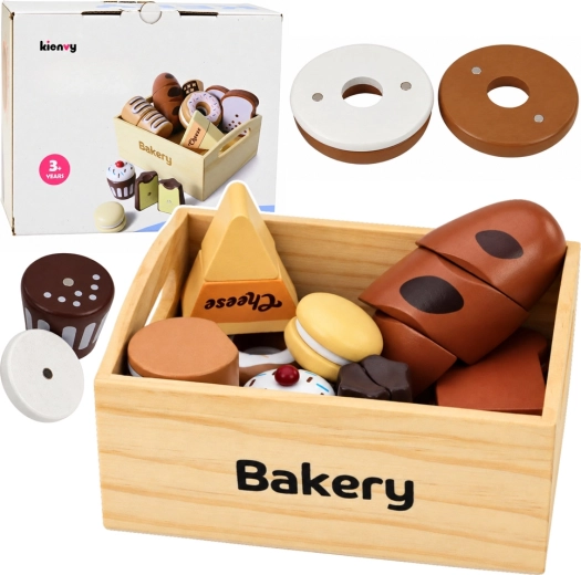 Mini brutărie din lemn – set magnetic de produse de panificație într-o lădiță din lemn (10 piese)