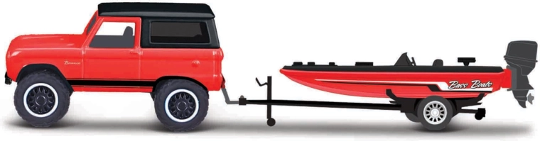 Maisto Design Tow & Go – Ford Bronco 1966 cu remorcă și barcă cu motor 1:64