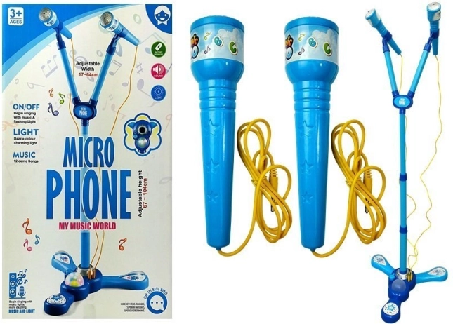 Set karaoke pentru copii cu microfon dublu pe stativ – albastru