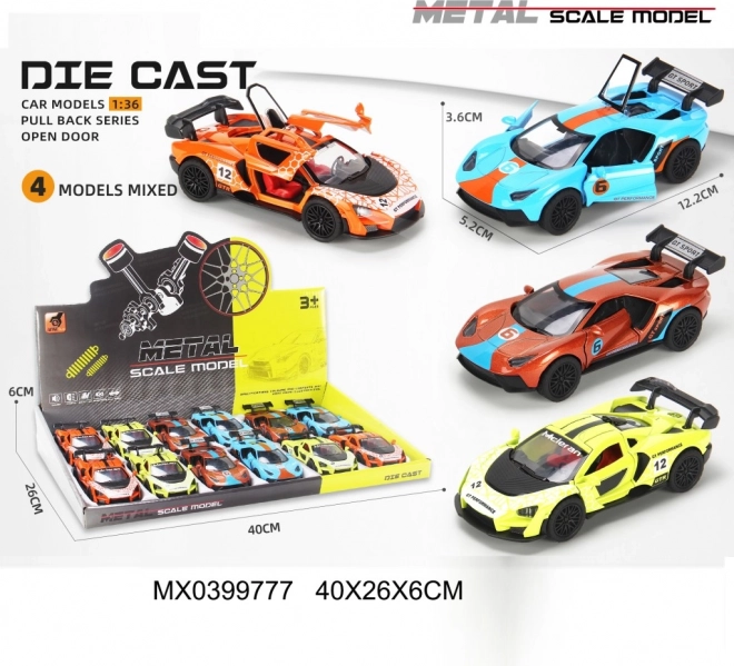 Mașinuță de curse metalică 1:36 cu uși care se deschid și mecanism pe volantă