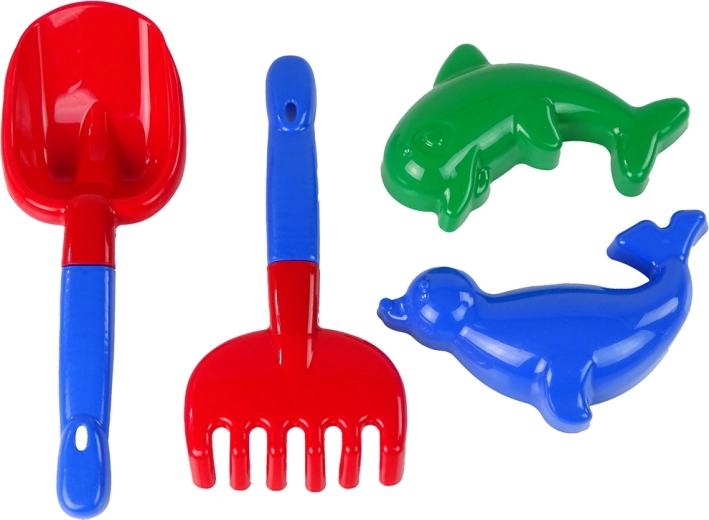 Set pentru nisip 4 piese – lopățică, greblă și forme delfin și focă