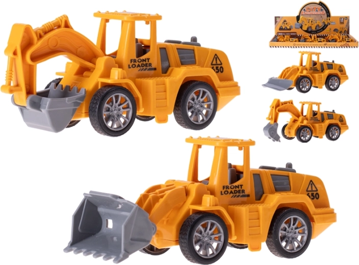 Vehicule de construcții cu mecanism pull-back 11,5–13 cm – set 4 tipuri
