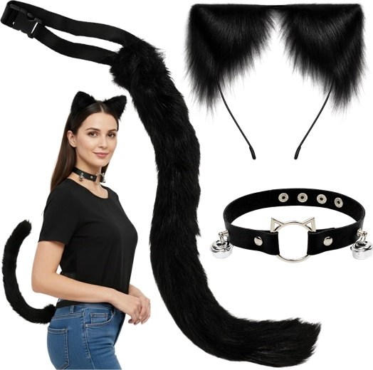 Ruhhy costum pisică/vulpe/lup - set negru 3în1 (coadă, urechi, choker)