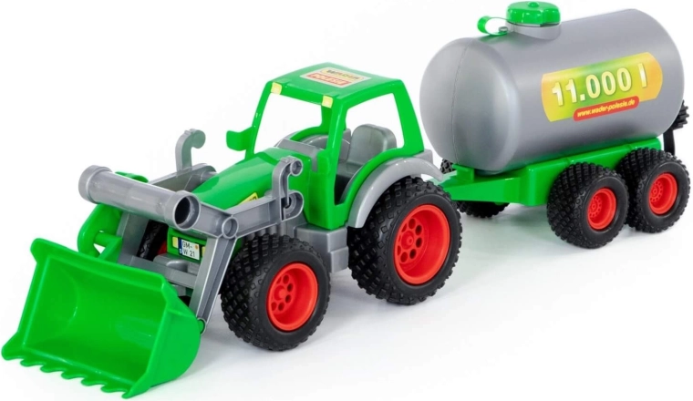 Tractor de fermă cu încărcător frontal și cisternă