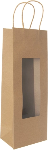 Pungă cadou din hârtie pentru vin NATURE, cu fereastră transparentă, 12,5 × 9 × 35 cm