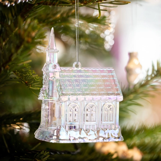 Ornament de Crăciun din acril irizat în formă de biserică