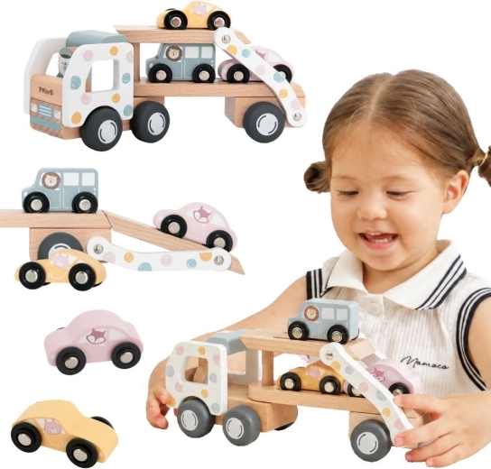 Transportor auto din lemn VIGA PolarB cu 3 mașinuțe și șofer