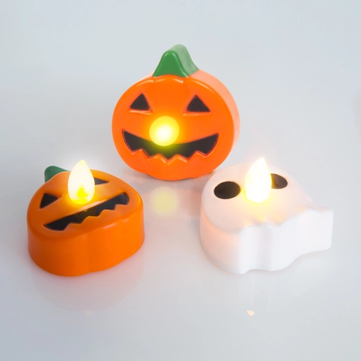 Lumânări LED tip pastilă pentru Halloween, dovleac și fantomă – 3 bucăți