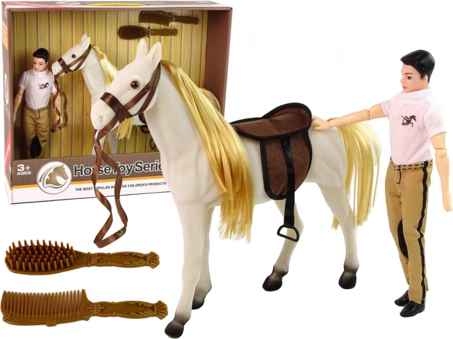 Păpușă călăreață cu cal alb
