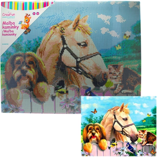 Pictură cu diamante – băiat, câine și pisică 40 × 50 cm