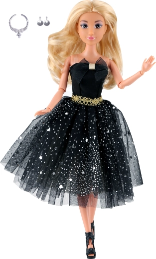 Păpușă la modă în rochie scurtă neagră de seară