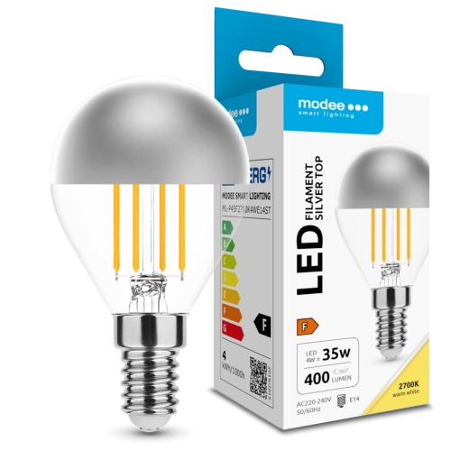 Modee LED bec Filament Globe Mini P45 Silver Top 4 W E14, 400 lm, alb cald