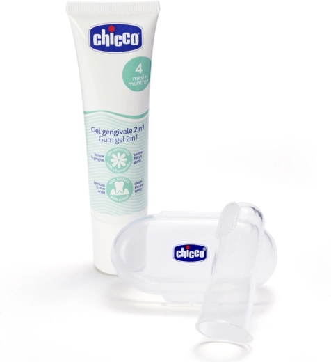 Chicco gel liniștitor pentru gingii și periuță de silicon pentru deget cu husă pentru bebeluși 4m+