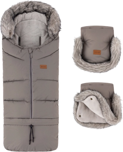 Petite&Mars set de iarnă: sac Arctic 4în1 + mănuși pentru cărucior Furry mocha mousse