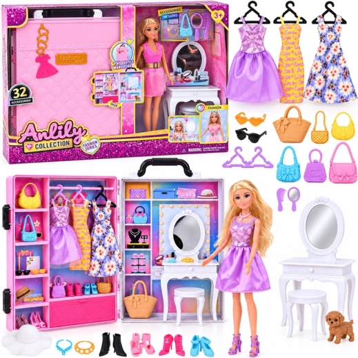 Păpușă de modă Anlily de 30 cm cu dressing portabil și masă de toaletă