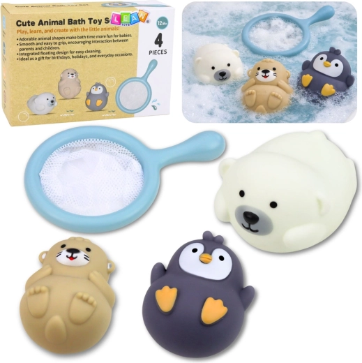 Set de jucării de baie cu animăluțe în tonuri pastel și plasă, 4 piese
