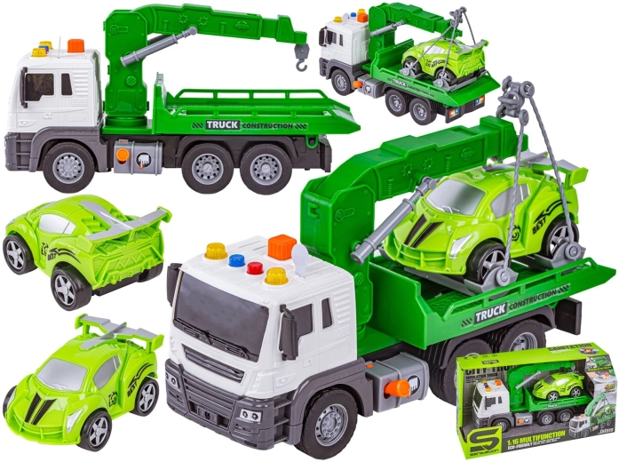 Camion multifuncțional cu macara și platformă de tractare + mașină de curse 1:16 - 1 bucată