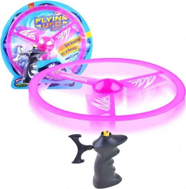 Disc zburător cu lansator și efect luminos – Roz