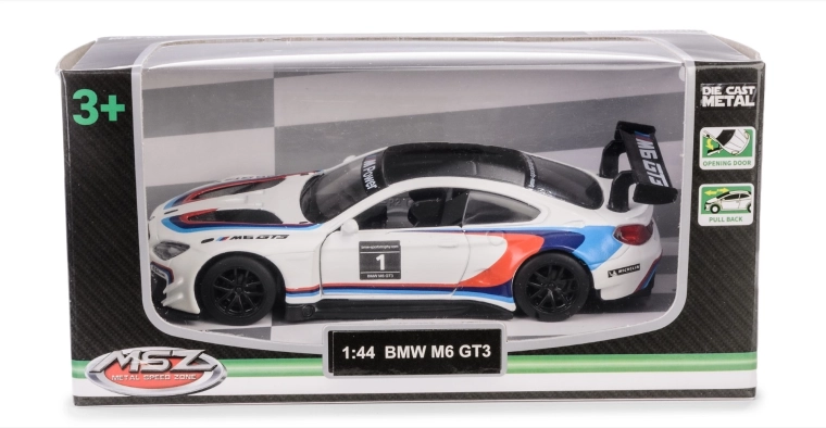 Model BMW M6 GT3 1:44 cu uși deschise și mecanism pull-back