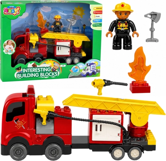 Set de construcție mașină de pompieri cu propulsie prin fricțiune, scară și figurină de pompier