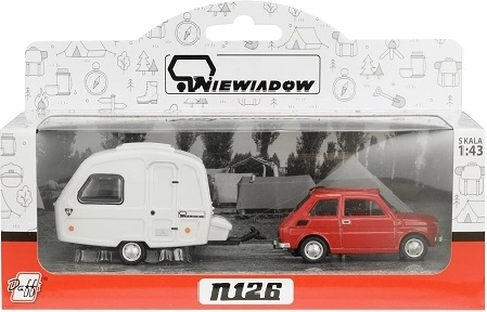 Fiat 126p cu rulotă de camping Niewiadów roșu