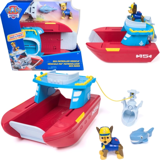 Spin Master PAW Patrol Sea patroller – barcă de salvare a patrulei de coastă cu figurina Chase și un rechin