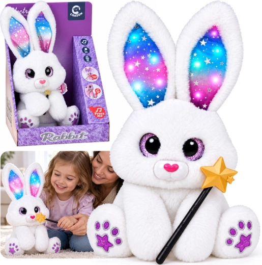 Iepuraș interactiv din pluș alb 30 cm – dansează, luminează, cântă cu bagheta magică - 1 bucată