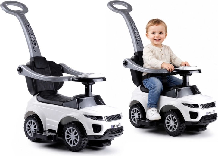 Mașinuță de împins pentru copii cu bară de ghidare Sport Car albă