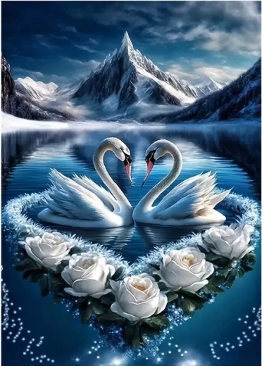 Pictură cu diamante – lebede și flori albe 30 × 40 cm