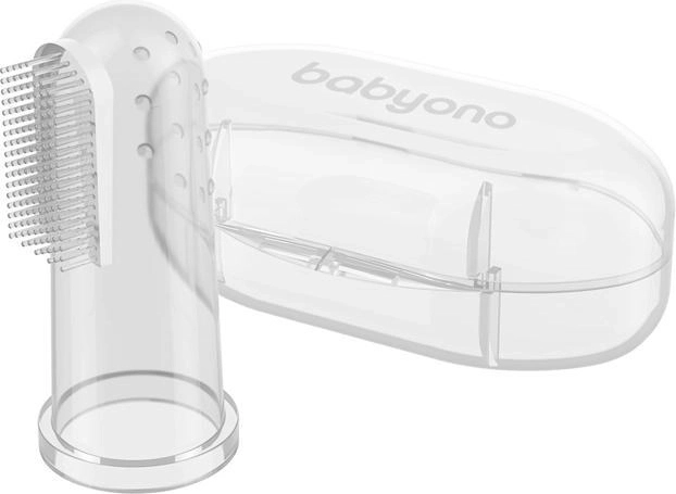 Periuță de dinți din silicon pentru deget BabyOno cu etui, transparentă