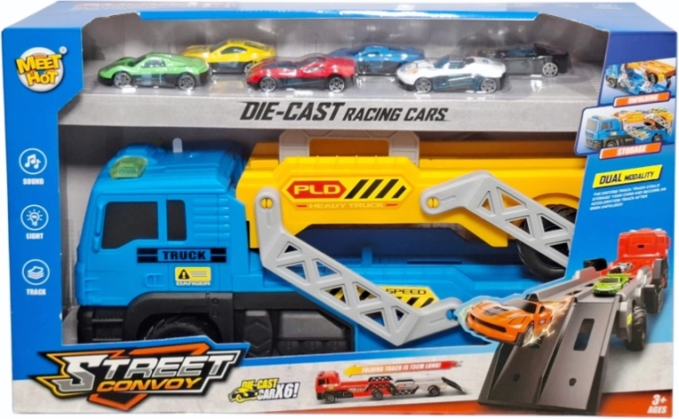 Camion-platformă auto cu rampă și 6 mașinuțe de curse