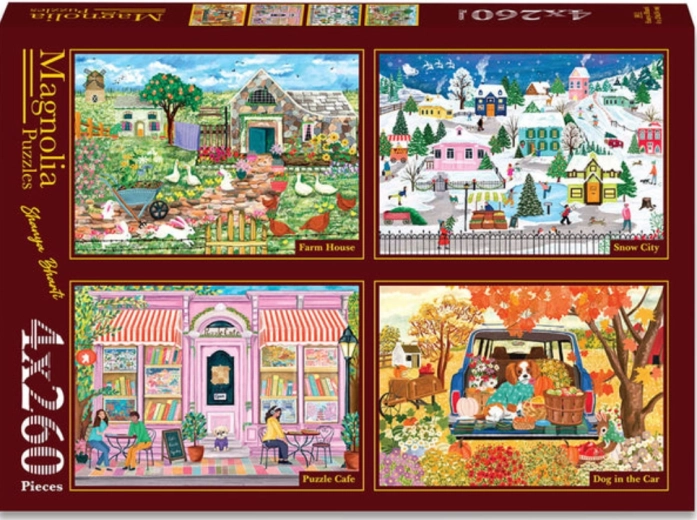 Puzzle Magnolia – conac rural, oraș înzăpezit, cafenea fermecată și câine copilot (4×260 piese)