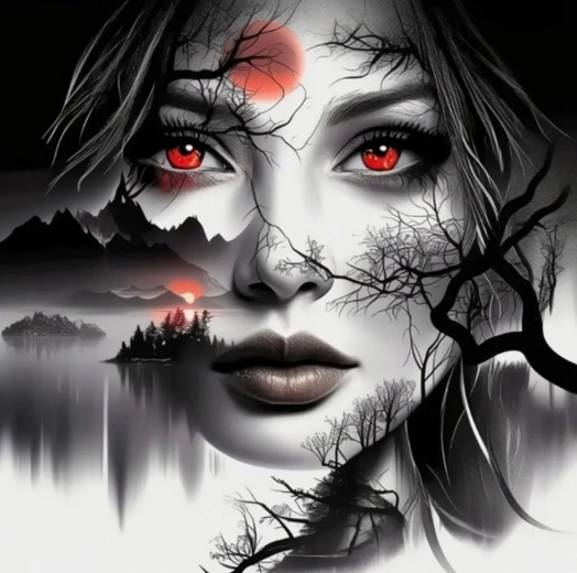 Pictură cu diamante – femeie cu ochi roșii 30 × 40 cm