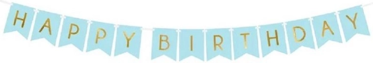 PartyDeco banner aniversar Happy Birthday albastru deschis cu inscripție aurie 15 × 175 cm