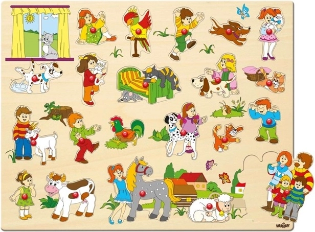 Puzzle din lemn Woody cu piese de încastrat și butoniere, 21 de piese