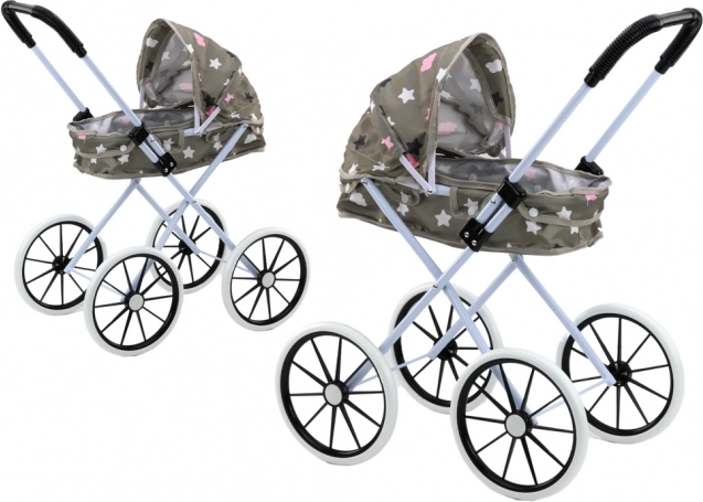Cărucior pentru păpuși cu capotină pliabilă, roți mari din spumă, gri cu steluțe