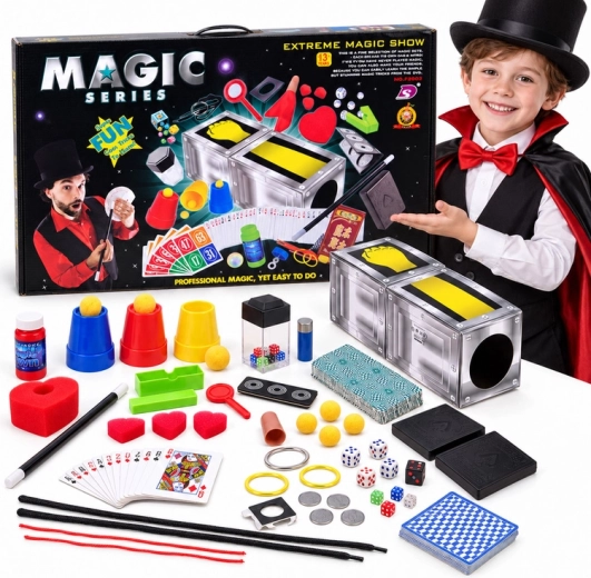 Set pentru micul magician – trucuri de magie, iluzii, cărți, zaruri și accesorii