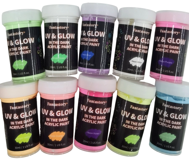 Vopsele acrilice care luminează în întuneric – set de 10 culori