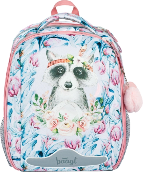 Rucsac școlar cu raton și model floral