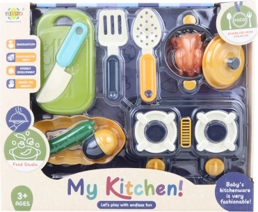 Set de bucătărie din plastic pentru copii, cu aragaz și imitații de alimente