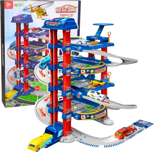 Parcare mare pe mai multe niveluri cu lift electric și pistă pentru mașinuțe