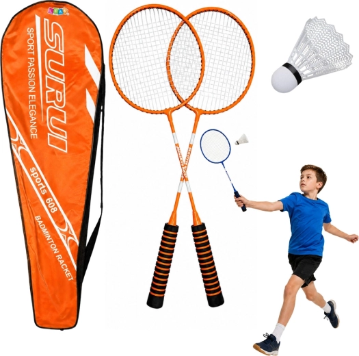 Set de badminton cu 2 rachete, minge (fluturaș) și geantă – portocaliu